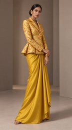ZAREEN marigold yellow brocade peplum blazer and draped skirt set, angled full-length view — thumbnail 4