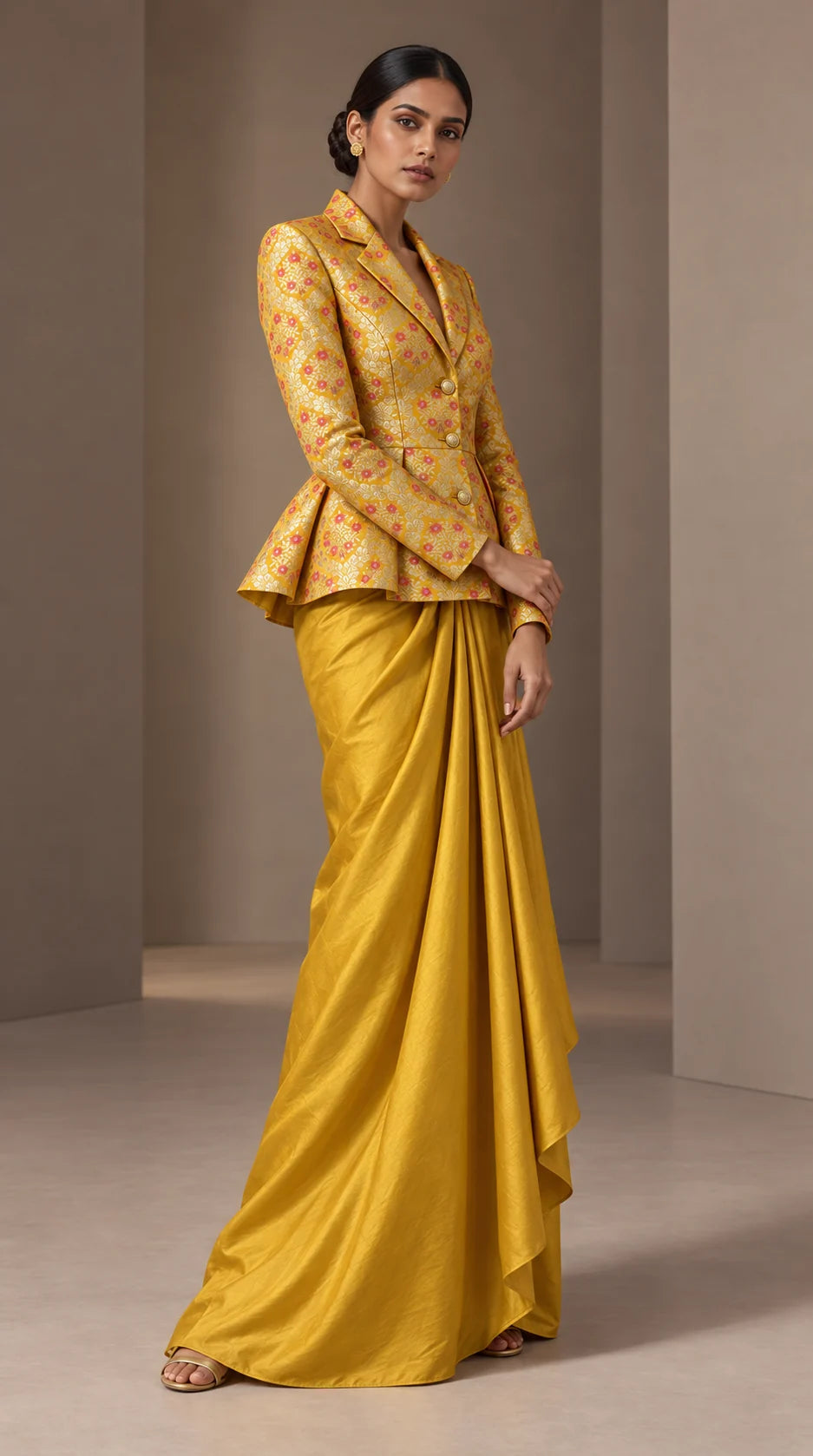 ZAREEN marigold yellow brocade peplum blazer and draped skirt set, angled full-length view