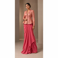 ZAREEN blush pink brocade peplum blazer and draped skirt set, full front view on white square canvas