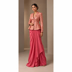 ZAREEN blush pink brocade peplum blazer and draped skirt set, full front view on white square canvas — thumbnail 1