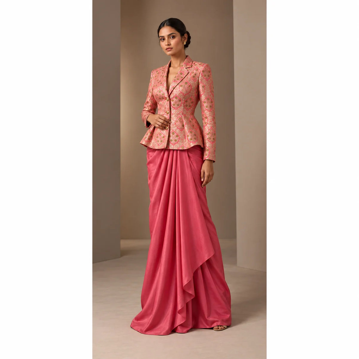 ZAREEN blush pink brocade peplum blazer and draped skirt set, full front view on white square canvas