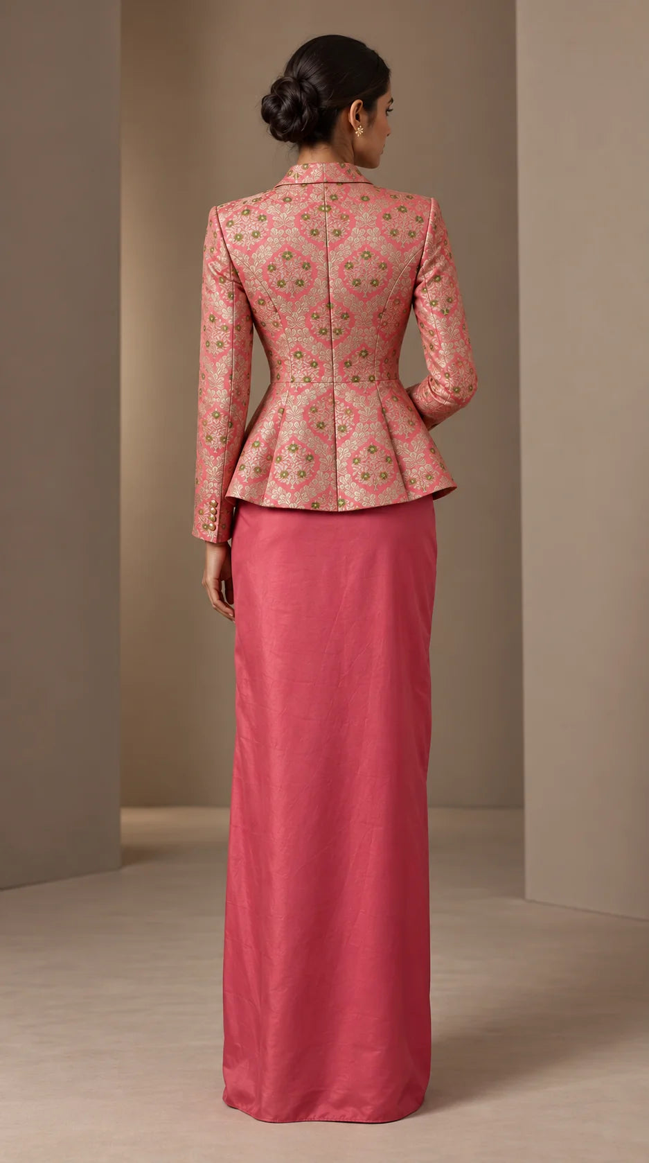 ZAREEN blush pink brocade peplum blazer and draped skirt set, back view with smooth unpleated skirt