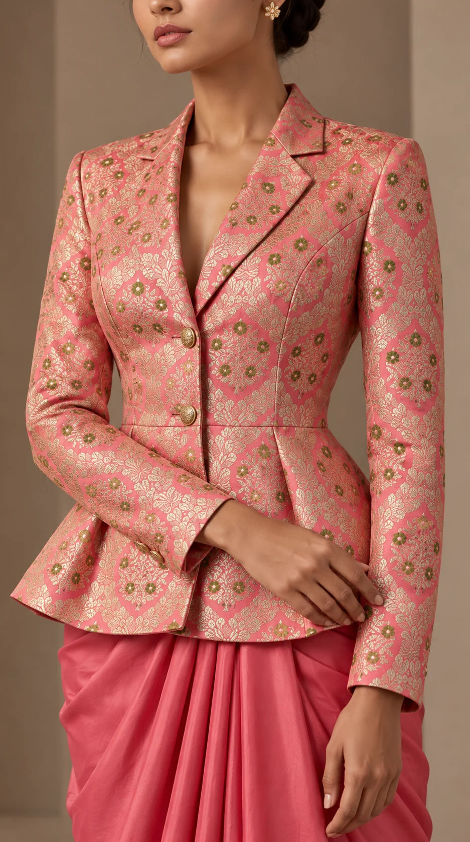 ZAREEN blush pink brocade peplum blazer and draped skirt set, woven brocade fabric and tailoring close-up