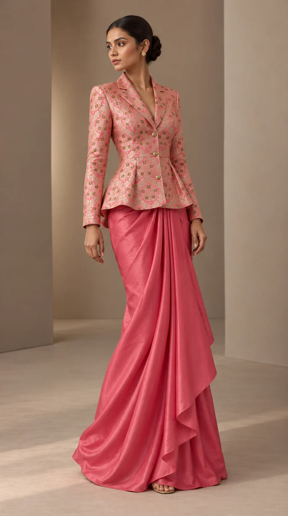 ZAREEN blush pink brocade peplum blazer and draped skirt set, angled full-length view
