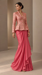 ZAREEN blush pink brocade peplum blazer and draped skirt set, angled full-length view — thumbnail 4