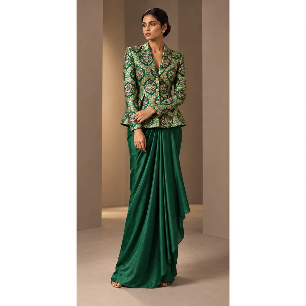 ZAREEN emerald green brocade peplum blazer and draped skirt set, full front view on white square canvas