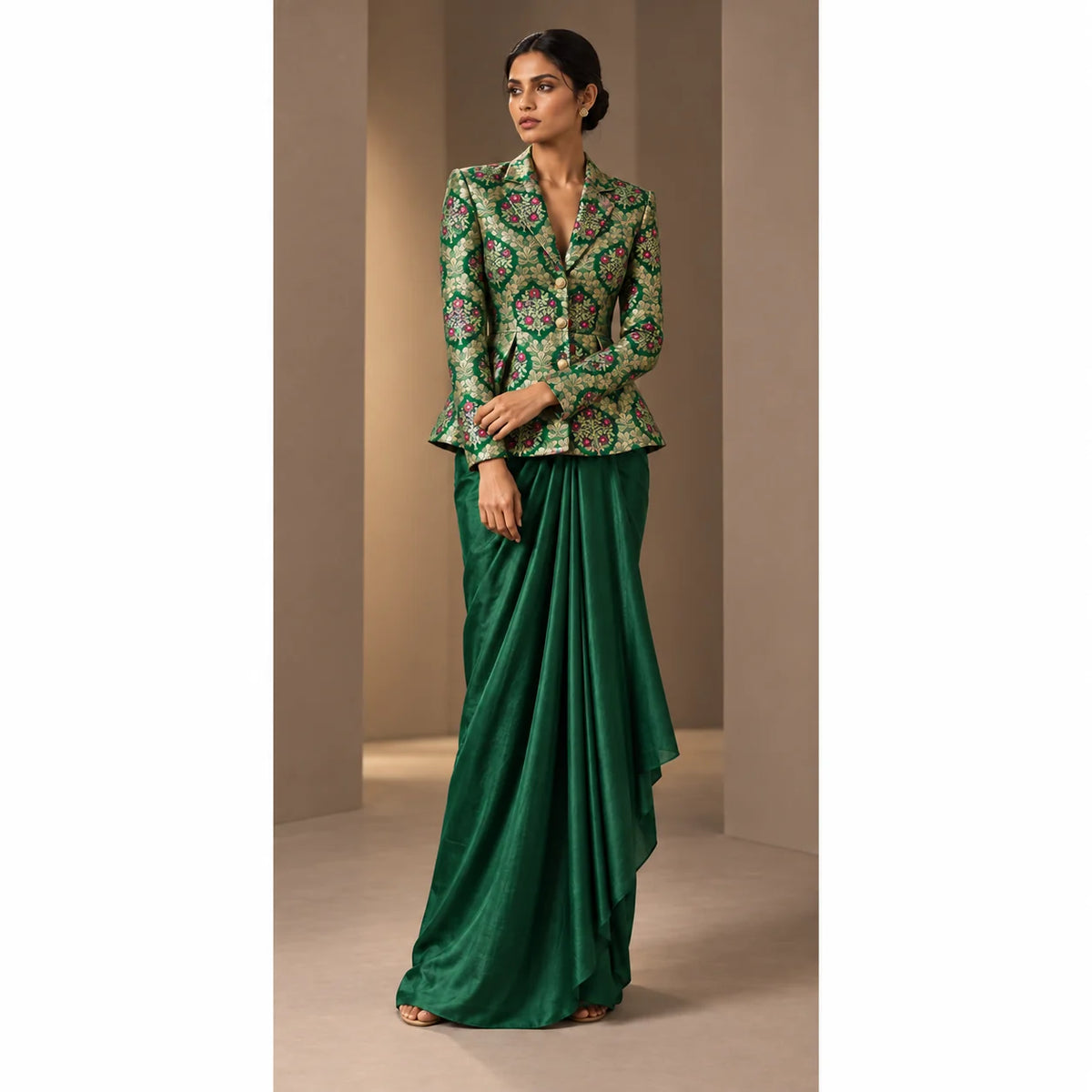 ZAREEN emerald green brocade peplum blazer and draped skirt set, full front view on white square canvas