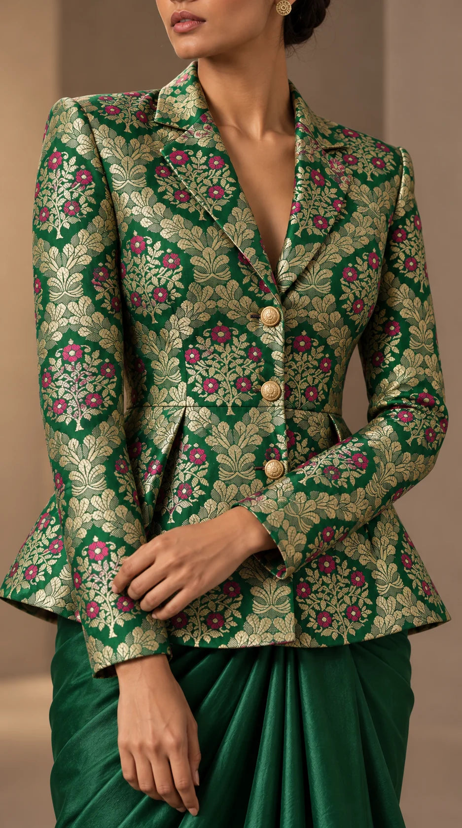 ZAREEN emerald green brocade peplum blazer and draped skirt set, woven brocade fabric and tailoring close-up