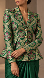 ZAREEN emerald green brocade peplum blazer and draped skirt set, woven brocade fabric and tailoring close-up — thumbnail 3