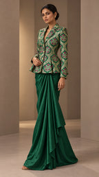 ZAREEN emerald green brocade peplum blazer and draped skirt set, angled full-length view — thumbnail 4