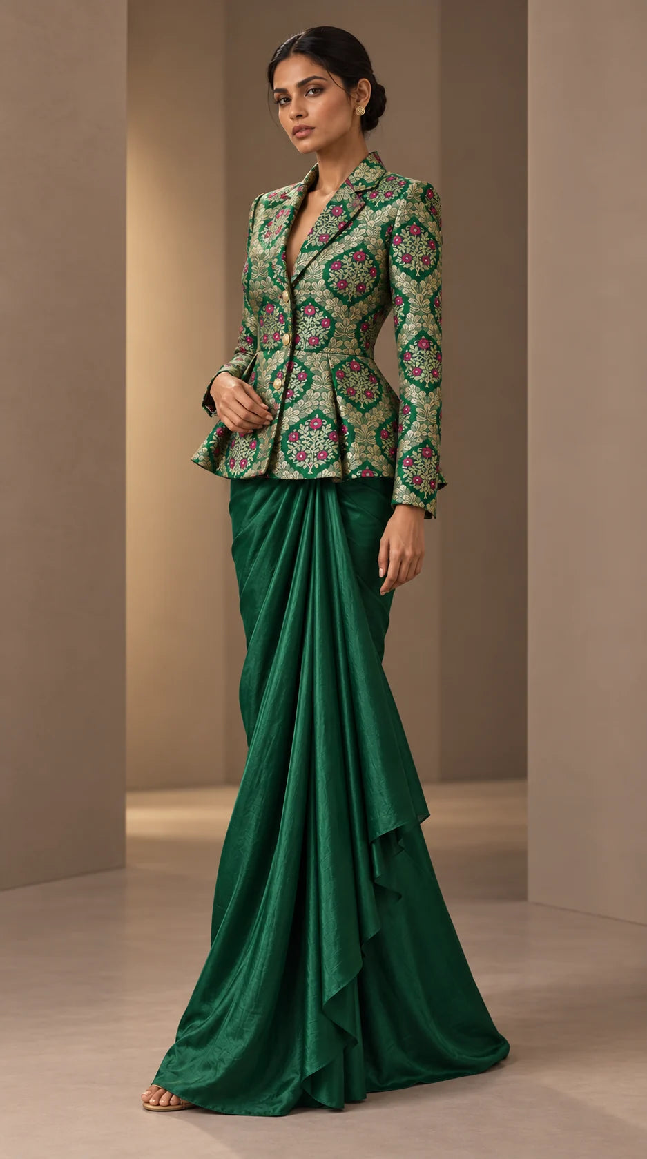 ZAREEN emerald green brocade peplum blazer and draped skirt set, angled full-length view
