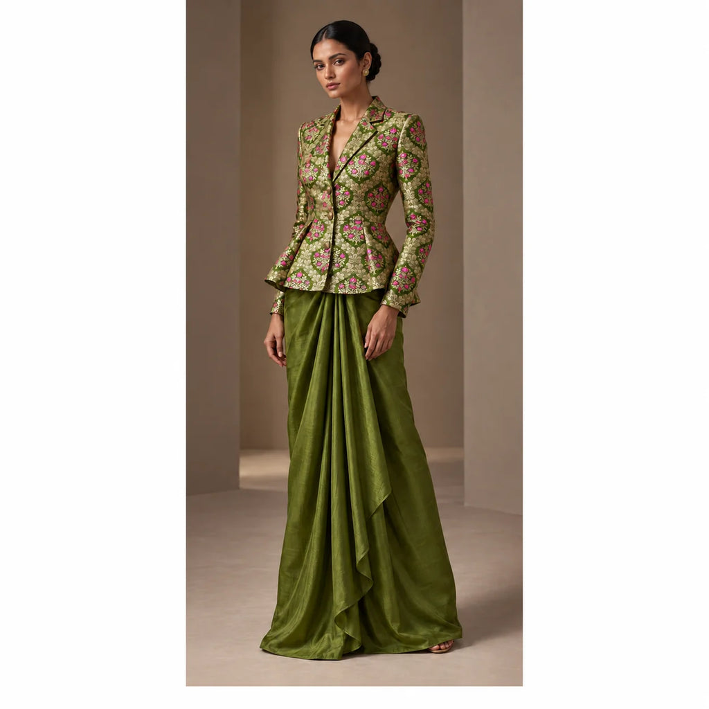 ZAREEN olive green brocade peplum blazer and draped skirt set, full front view on white square canvas