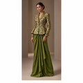 ZAREEN olive green brocade peplum blazer and draped skirt set, full front view on white square canvas
