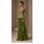 ZAREEN olive green brocade peplum blazer and draped skirt set, full front view on white square canvas — thumbnail 1