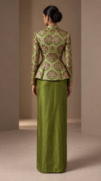 ZAREEN olive green brocade peplum blazer and draped skirt set, back view with smooth unpleated skirt — thumbnail 2