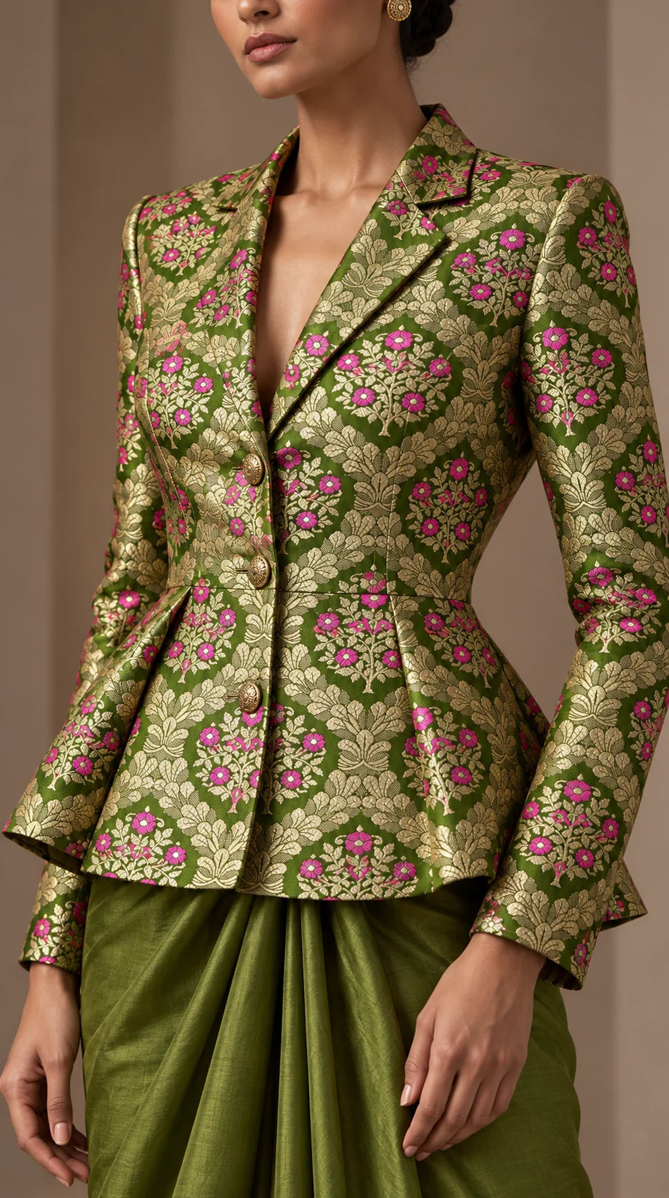 ZAREEN olive green brocade peplum blazer and draped skirt set, woven brocade fabric and tailoring close-up