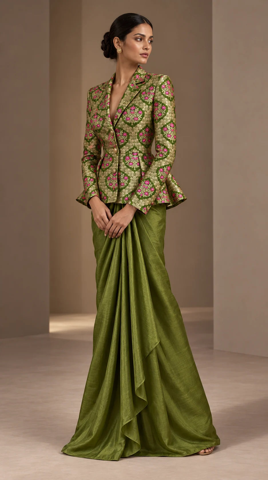 ZAREEN olive green brocade peplum blazer and draped skirt set, angled full-length view