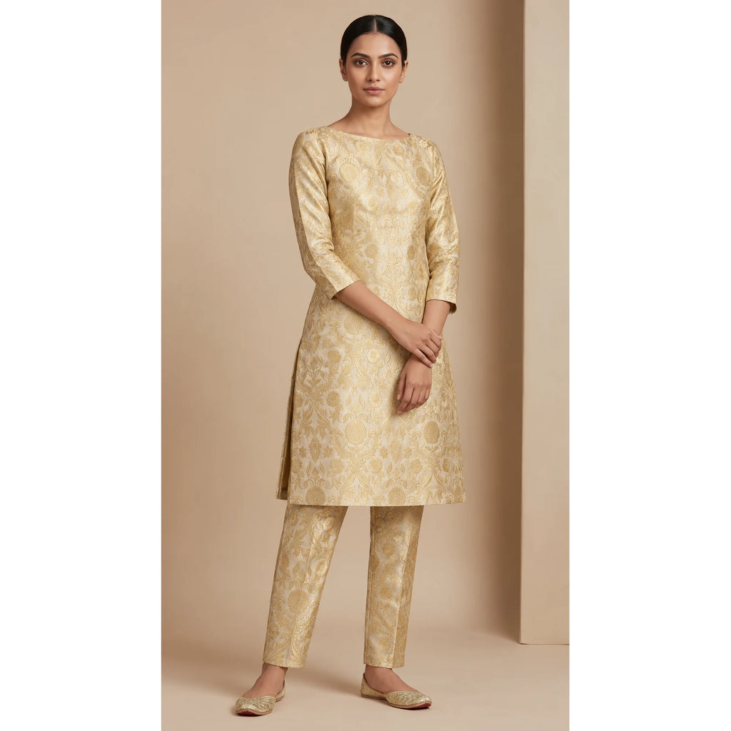 NAQSH ivory Katan silk powerloom brocade kurta and pant set, front view; full photograph centered on a square white canvas