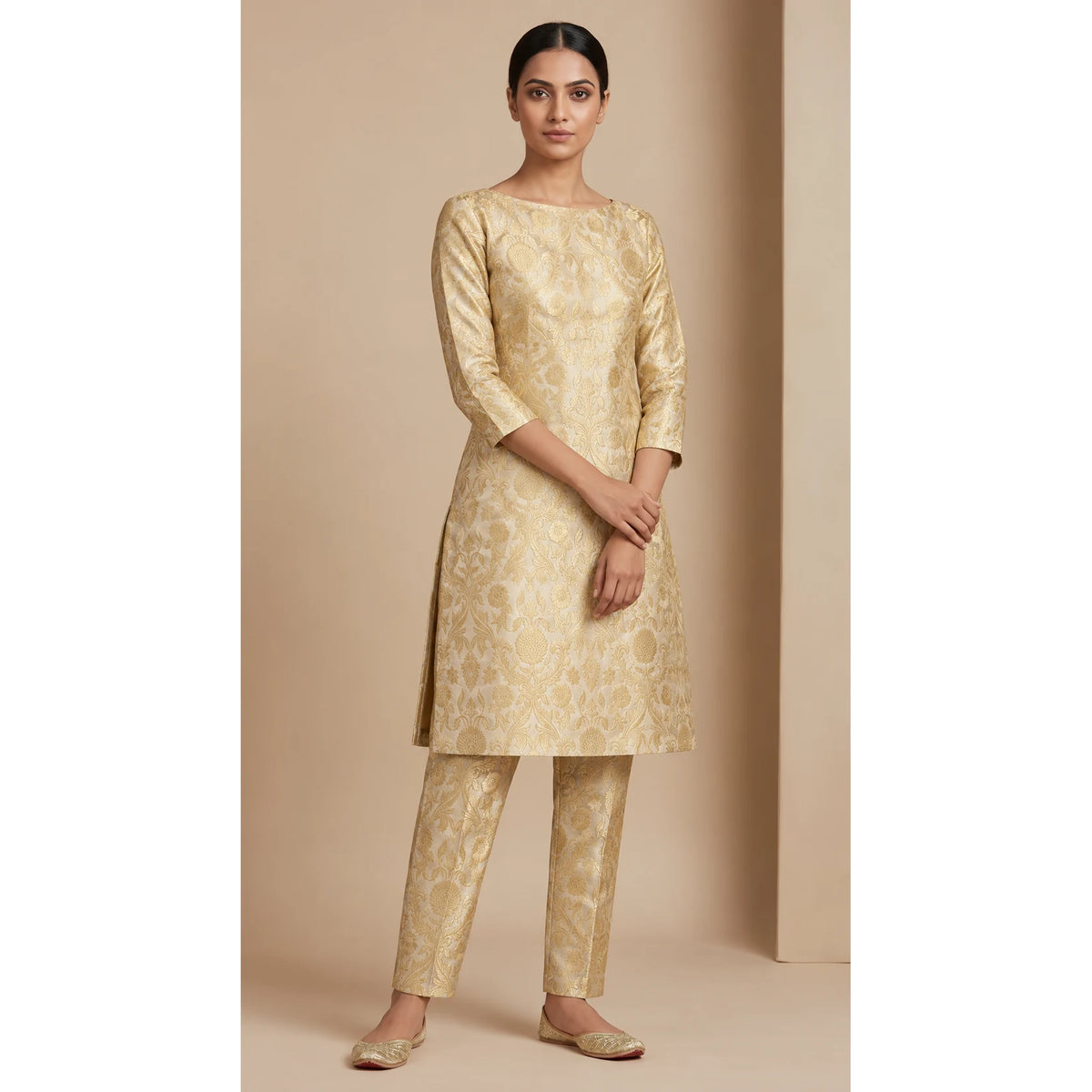 NAQSH ivory Katan silk powerloom brocade kurta and pant set, front view; full photograph centered on a square white canvas