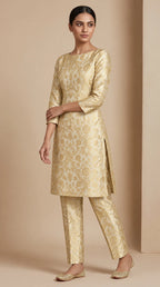 NAQSH ivory Katan silk powerloom brocade kurta and pant set, three-quarter view — thumbnail 2
