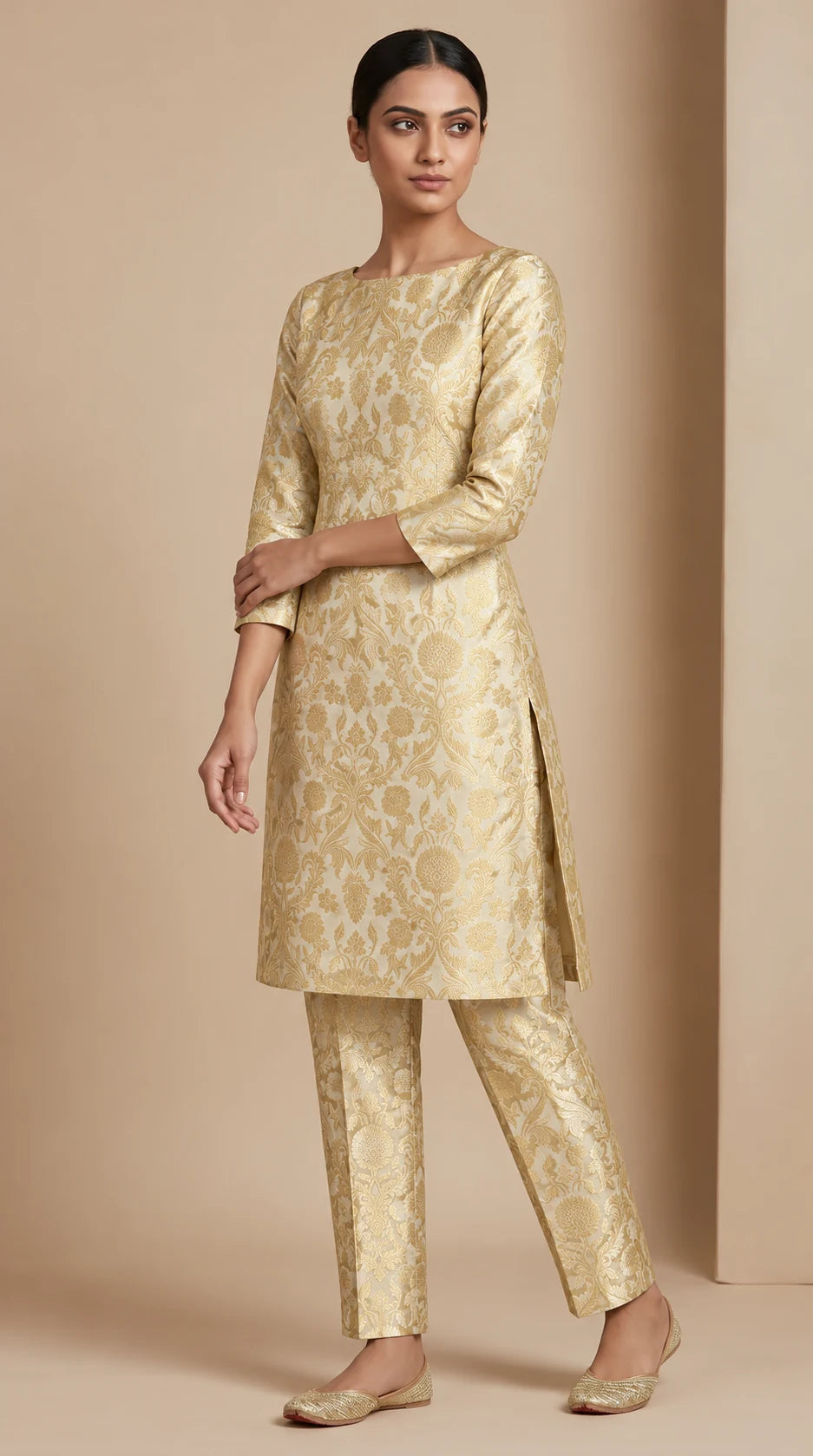 NAQSH ivory Katan silk powerloom brocade kurta and pant set, three-quarter view