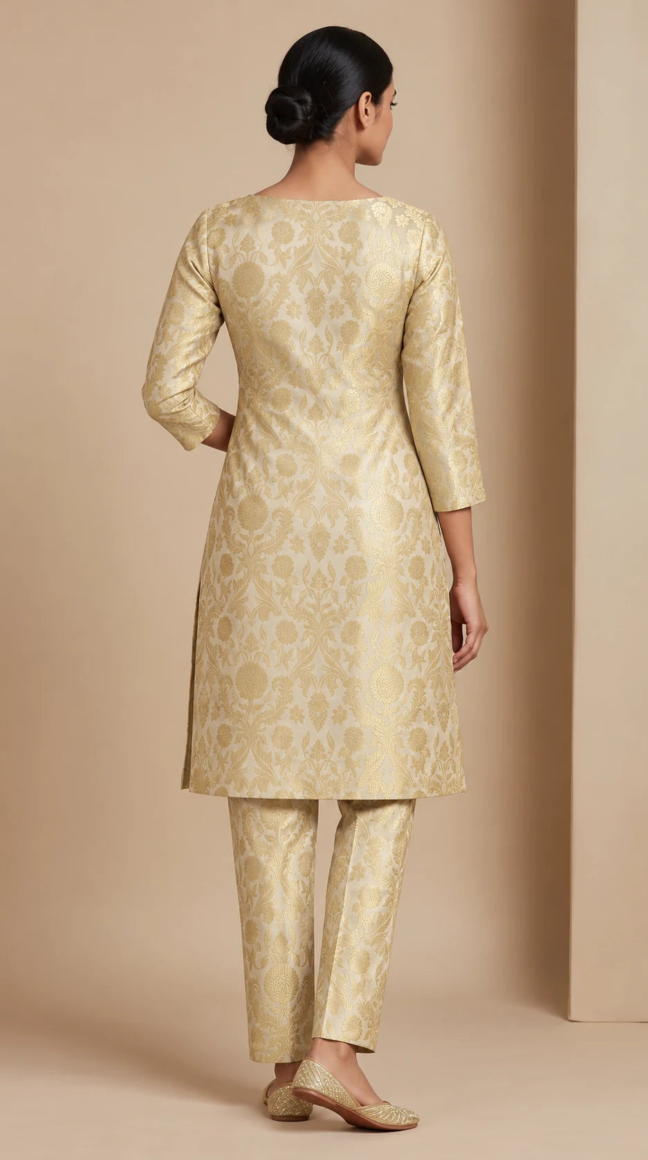 NAQSH ivory Katan silk powerloom brocade kurta and pant set, back view