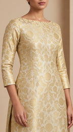 NAQSH ivory Katan silk powerloom brocade kurta and pant set, close-up of woven floral brocade and tailoring — thumbnail 4