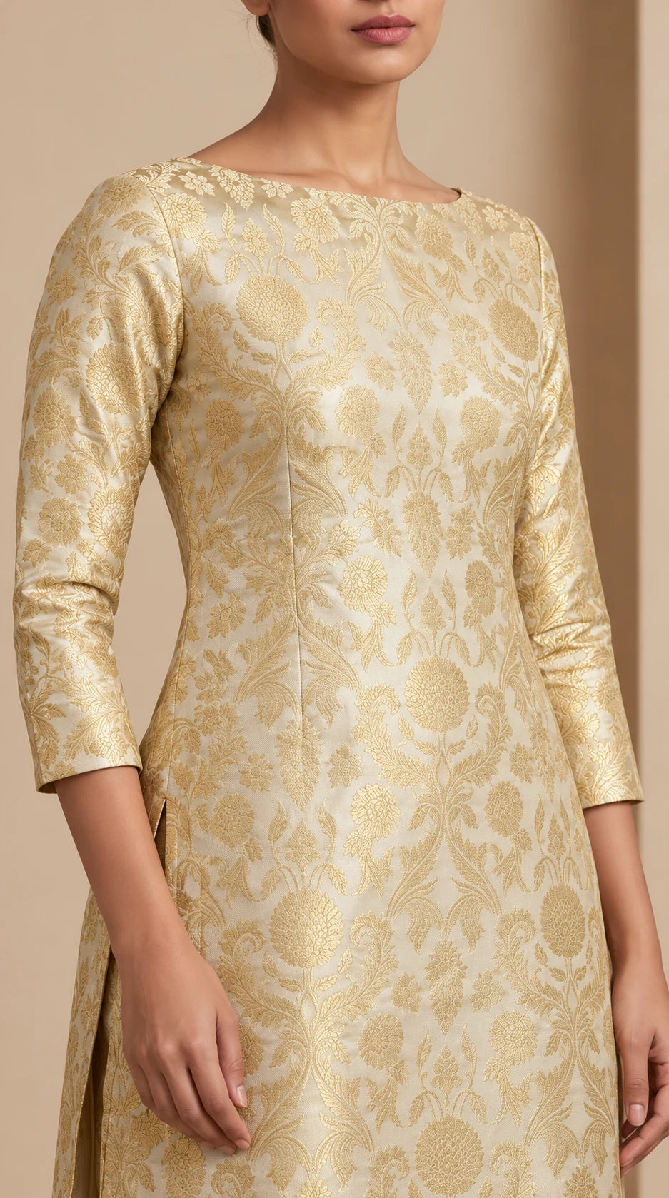 NAQSH ivory Katan silk powerloom brocade kurta and pant set, close-up of woven floral brocade and tailoring