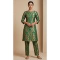 NAQSH bottle green Katan silk powerloom brocade kurta and pant set, front view; full photograph centered on a square white canvas