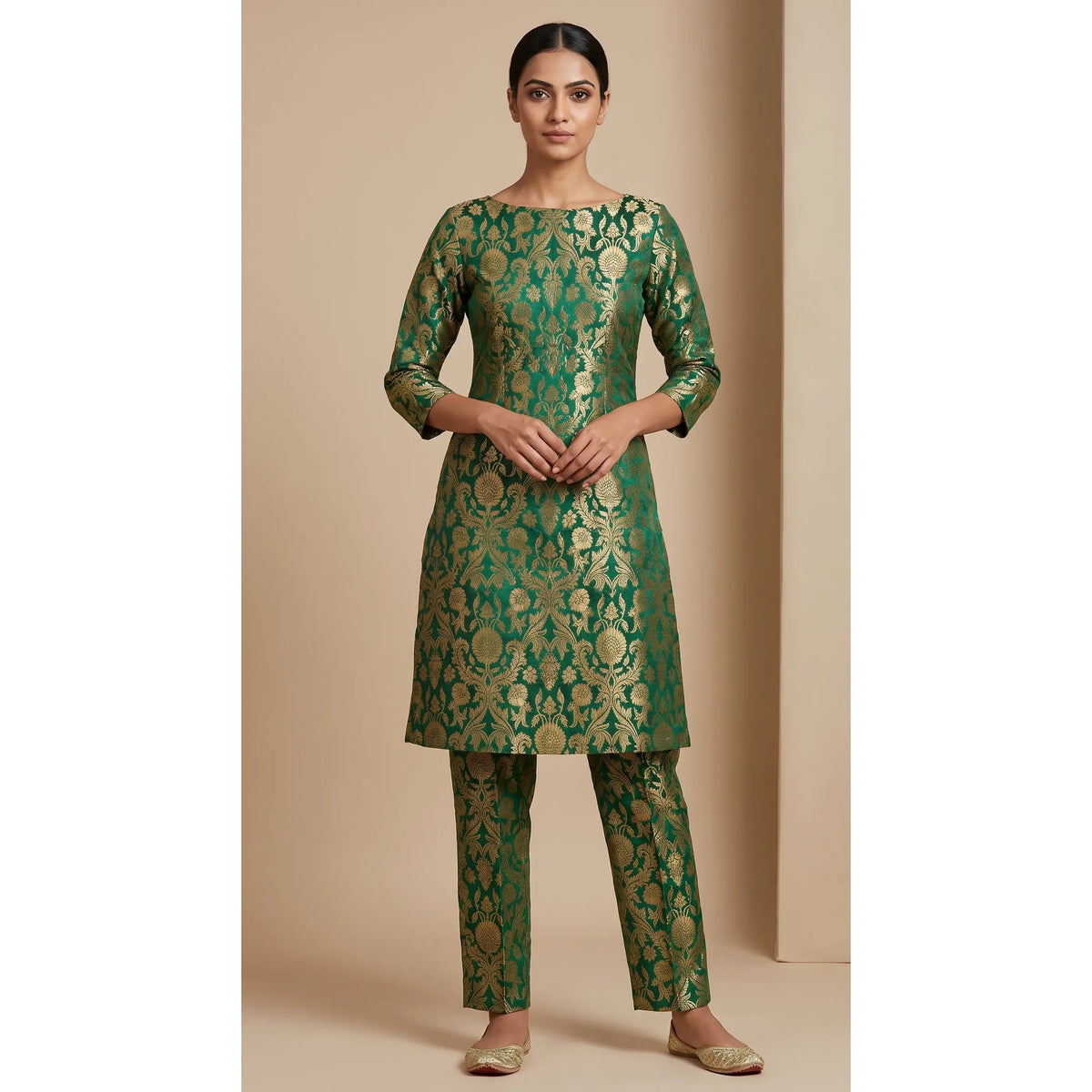 NAQSH bottle green Katan silk powerloom brocade kurta and pant set, front view; full photograph centered on a square white canvas