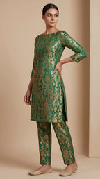NAQSH bottle green Katan silk powerloom brocade kurta and pant set, three-quarter view — thumbnail 2