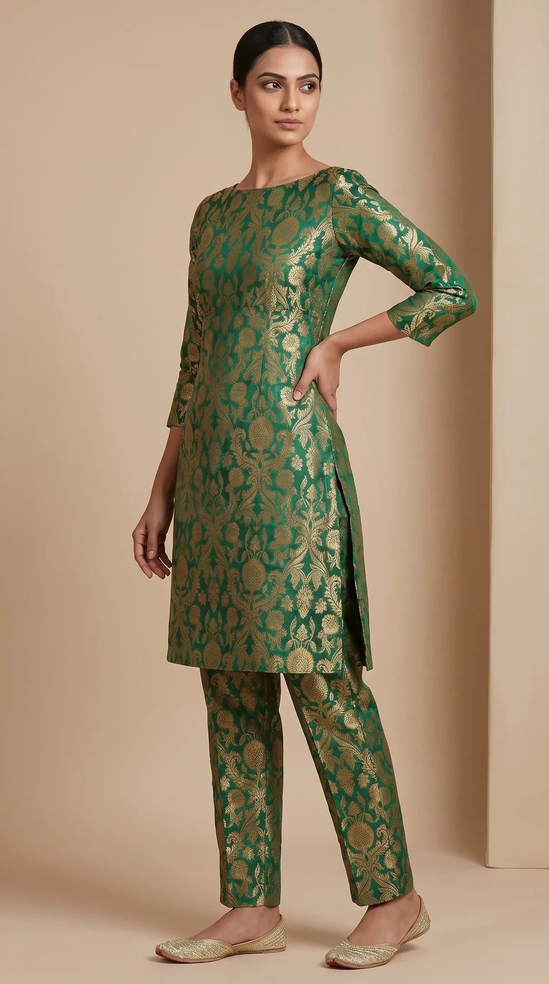 NAQSH bottle green Katan silk powerloom brocade kurta and pant set, three-quarter view
