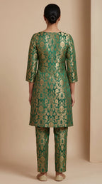 NAQSH bottle green Katan silk powerloom brocade kurta and pant set, back view — thumbnail 3