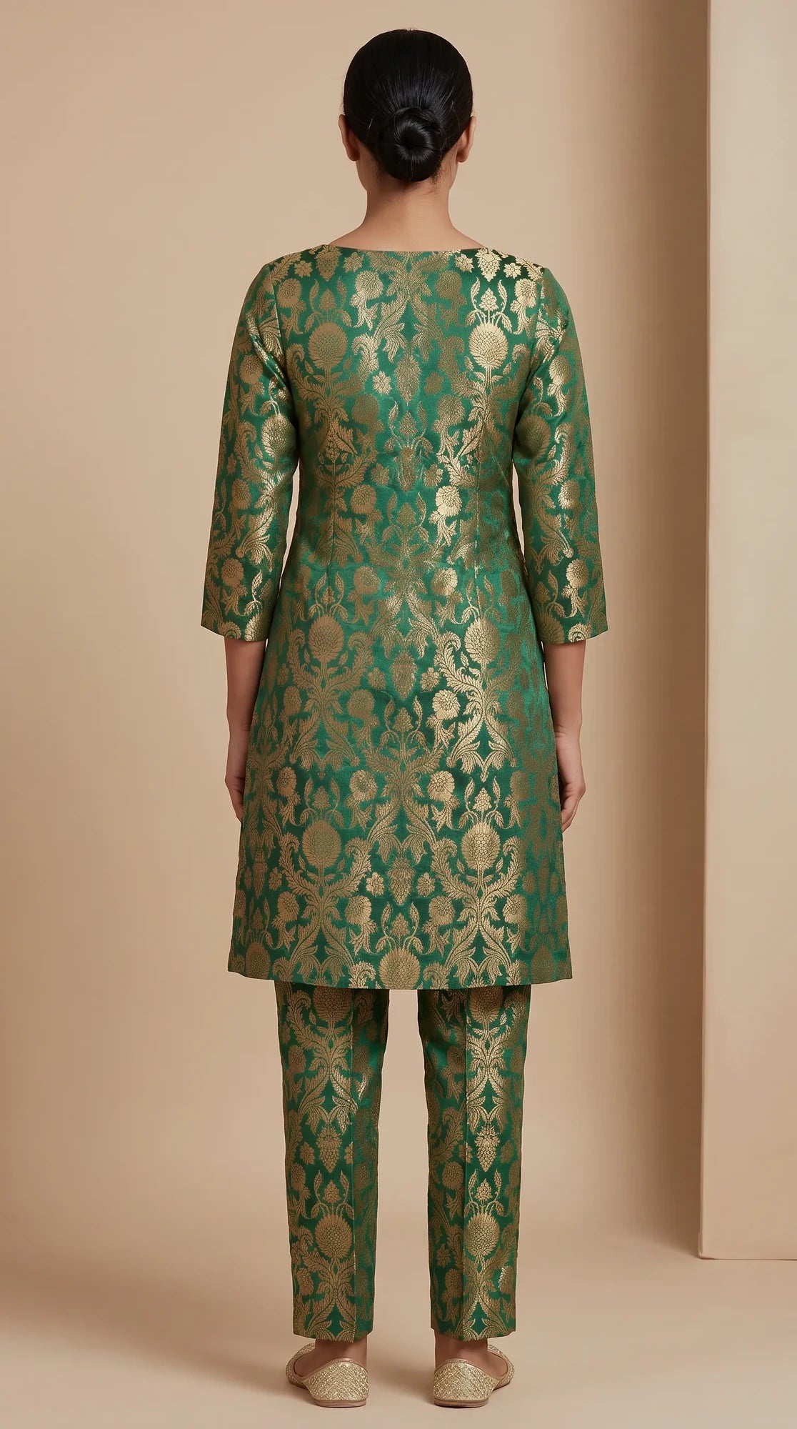 NAQSH bottle green Katan silk powerloom brocade kurta and pant set, back view