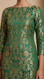 NAQSH bottle green Katan silk powerloom brocade kurta and pant set, close-up of woven floral brocade and tailoring — thumbnail 4