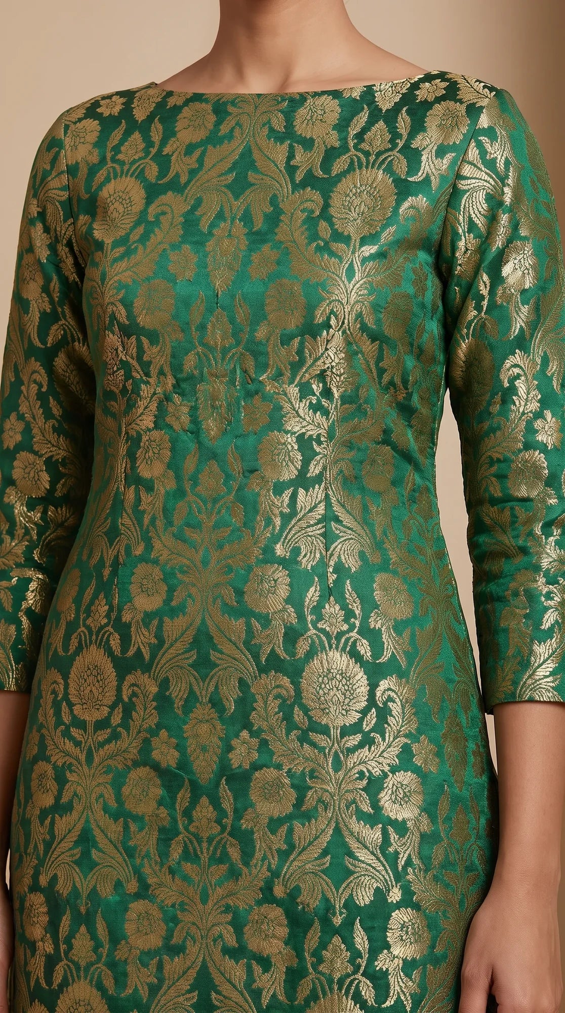 NAQSH bottle green Katan silk powerloom brocade kurta and pant set, close-up of woven floral brocade and tailoring