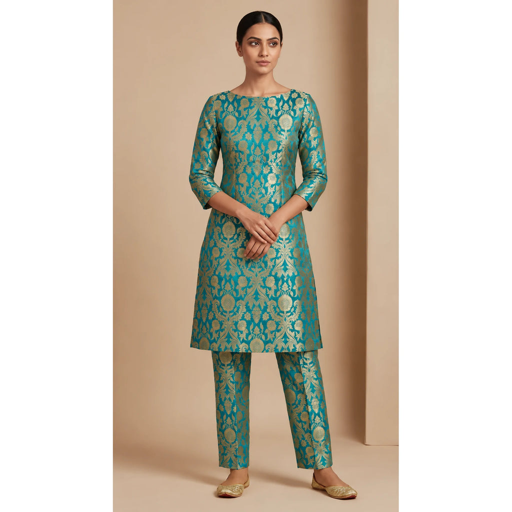 NAQSH teal Katan silk powerloom brocade kurta and pant set, front view; full photograph centered on a square white canvas