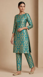 NAQSH teal Katan silk powerloom brocade kurta and pant set, three-quarter view — thumbnail 2