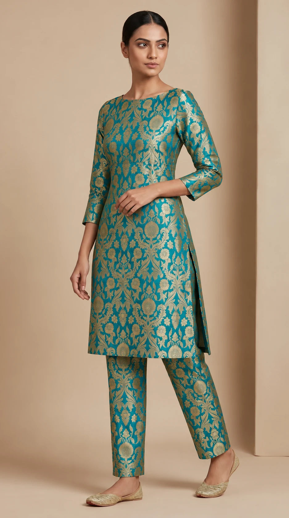 NAQSH teal Katan silk powerloom brocade kurta and pant set, three-quarter view