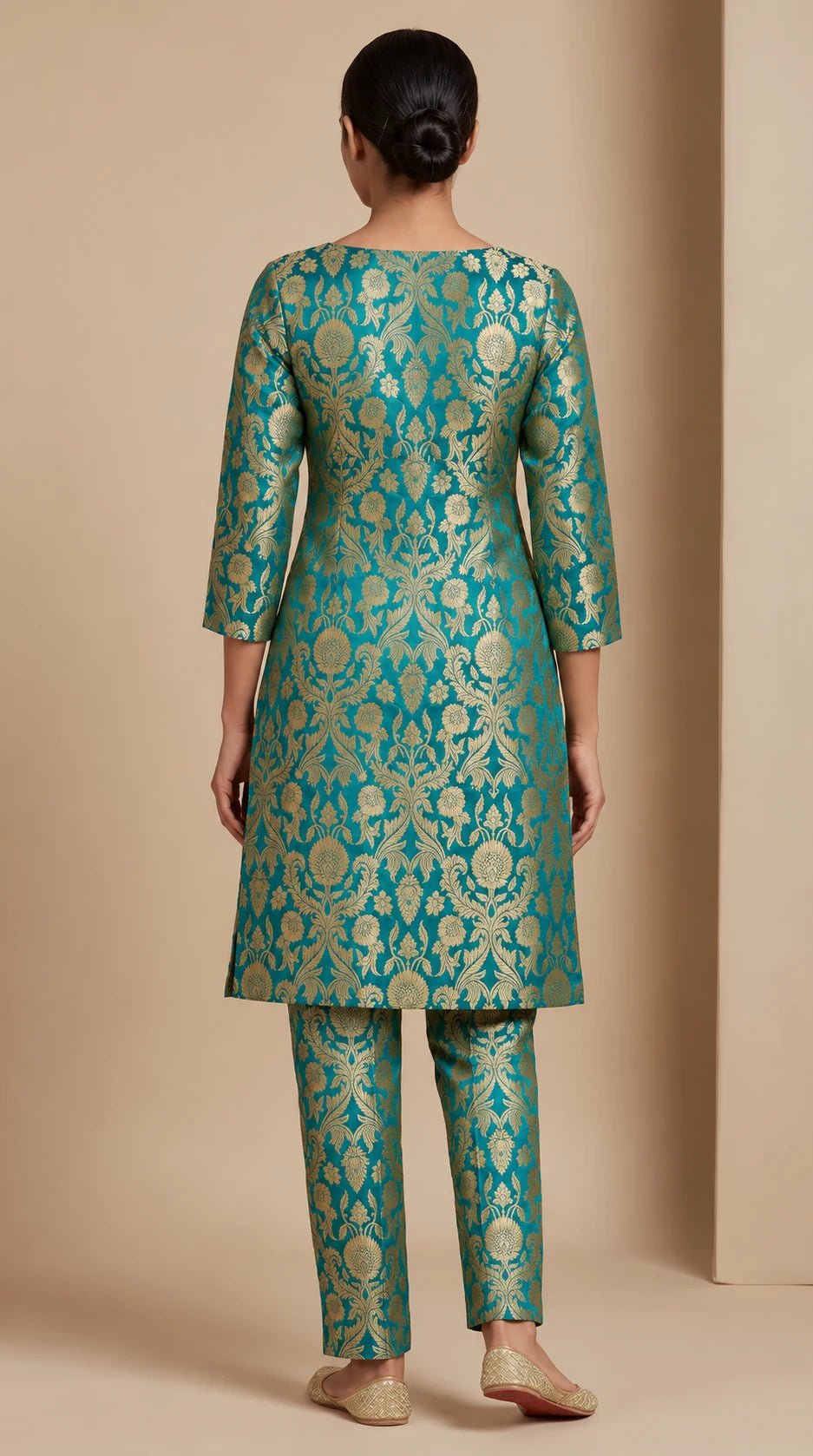 NAQSH teal Katan silk powerloom brocade kurta and pant set, back view