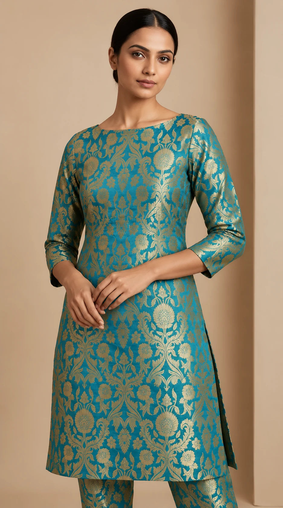NAQSH teal Katan silk powerloom brocade kurta and pant set, close-up of woven floral brocade and tailoring