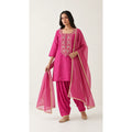Gulbahar rani pink Zardosi Maheshwari silk Farshi salwar set with tissue zari-striped dupatta, front view; full photograph centered on a square white canvas
