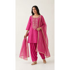Gulbahar rani pink Zardosi Maheshwari silk Farshi salwar set with tissue zari-striped dupatta, front view; full photograph centered on a square white canvas — thumbnail 1