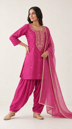Gulbahar rani pink Zardosi Maheshwari silk Farshi salwar set with tissue zari-striped dupatta, three-quarter view — thumbnail 2