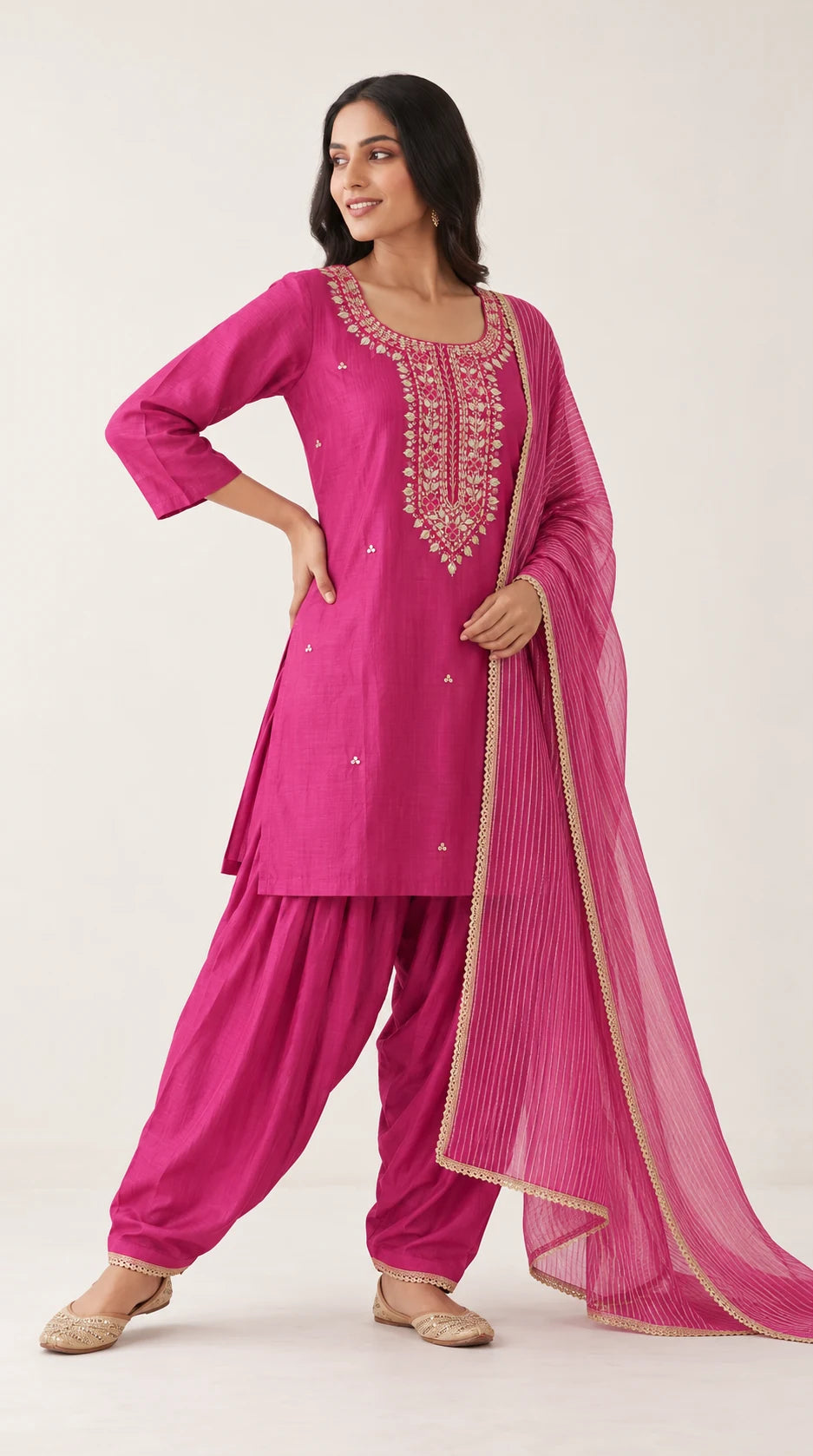 Gulbahar rani pink Zardosi Maheshwari silk Farshi salwar set with tissue zari-striped dupatta, three-quarter view