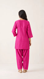 Gulbahar rani pink Zardosi Maheshwari silk Farshi salwar set with tissue zari-striped dupatta, back view — thumbnail 3