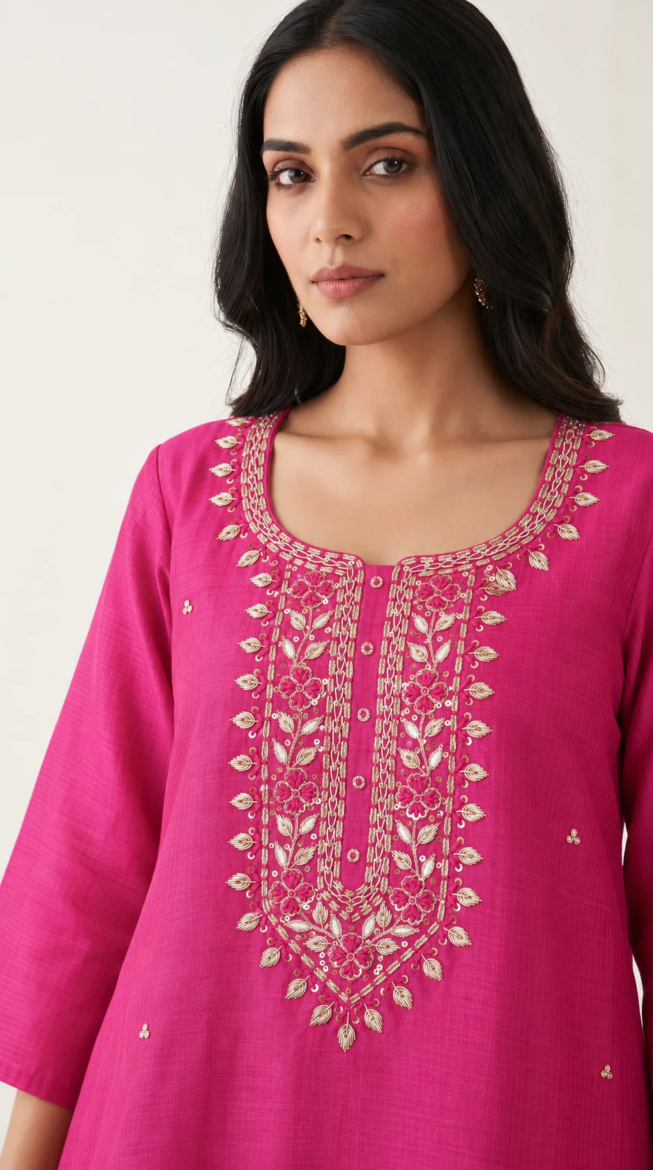Gulbahar rani pink Maheshwari silk kurta, floral placket Zardosi embroidery detail