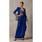 Royal Blue Banarasi Katan silk brocade three-piece set with modal silk blazer and draped skirt, full-length front with blazer; full photograph centered on a square white canvas — thumbnail 1