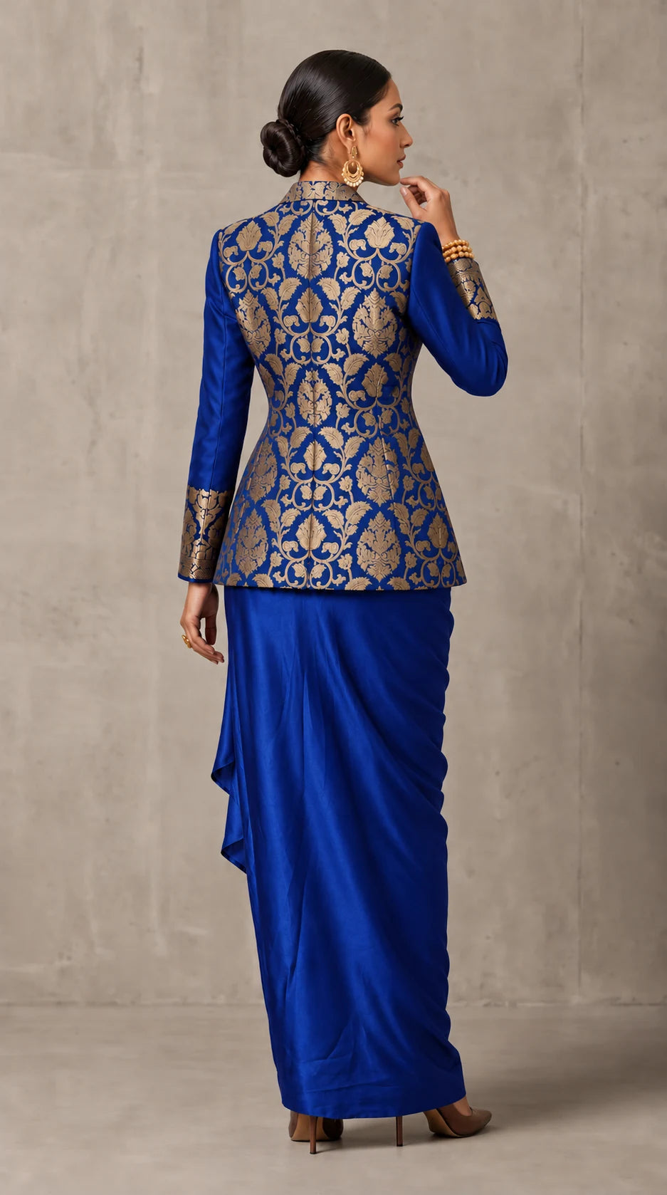 Royal Blue Banarasi Katan silk brocade three-piece set with modal silk blazer and draped skirt, full-length back with blazer