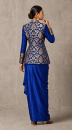Royal Blue Banarasi Katan silk brocade three-piece set with modal silk blazer and draped skirt, full-length back with blazer — thumbnail 2